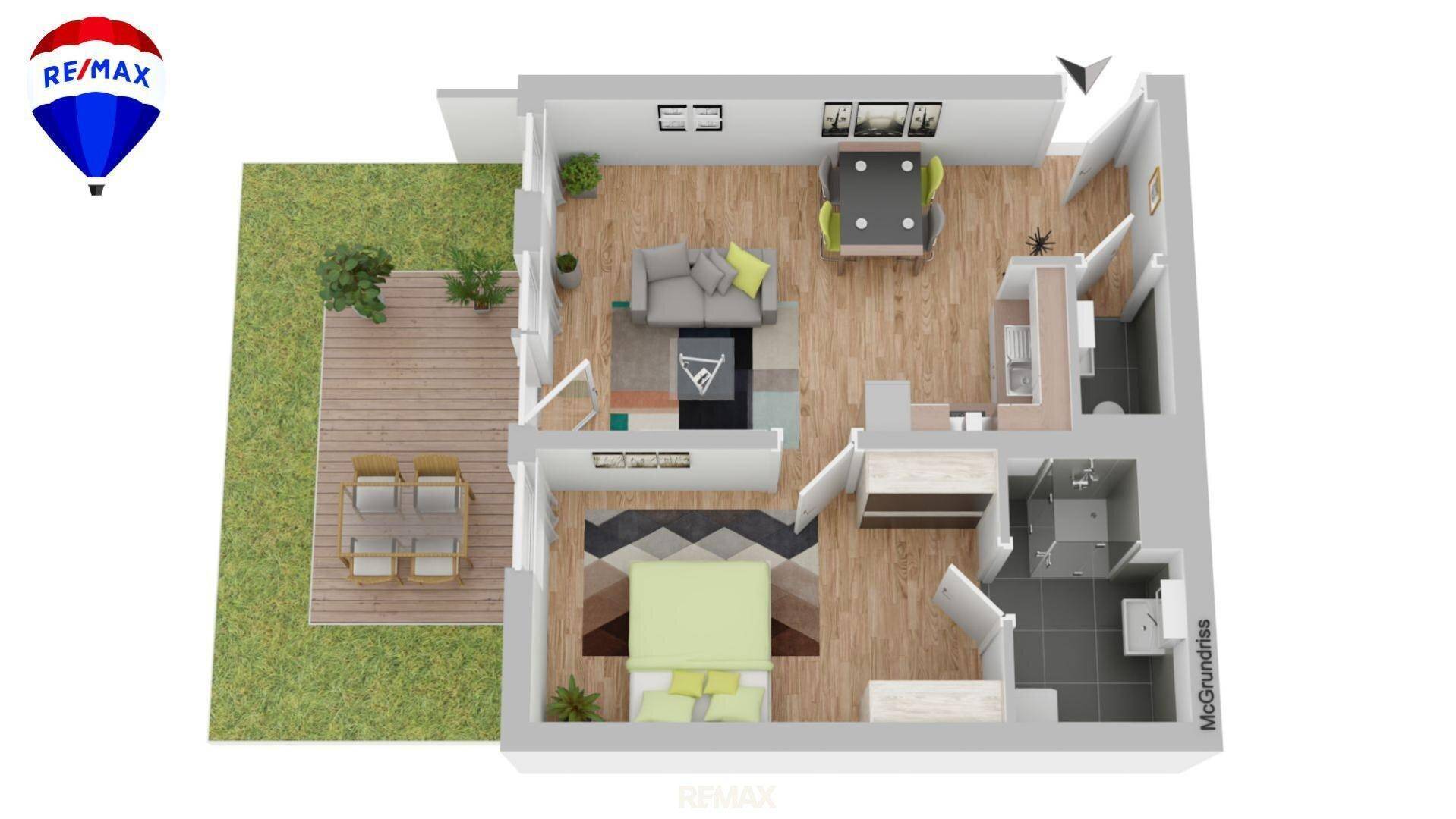 Dreidimensionaler Grundriss einer möblierten Wohnung mit Terrasse und Gartenbereich.
