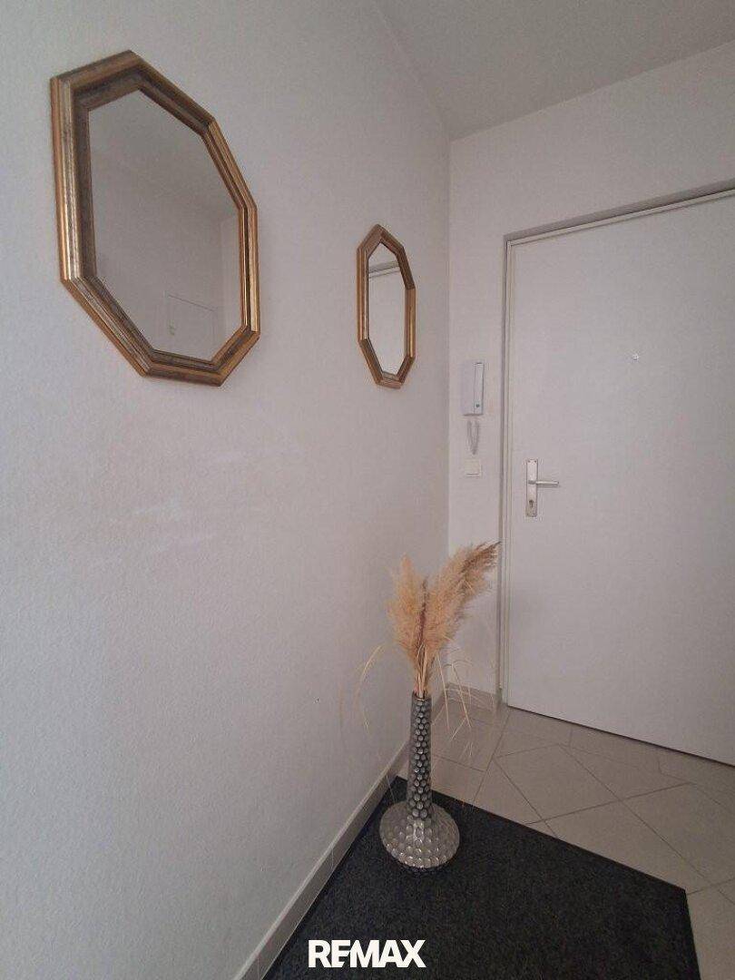 Eingangsbereich mit weißer Tür, zwei sechseckigen Spiegeln und einer dekorativen Pflanze.