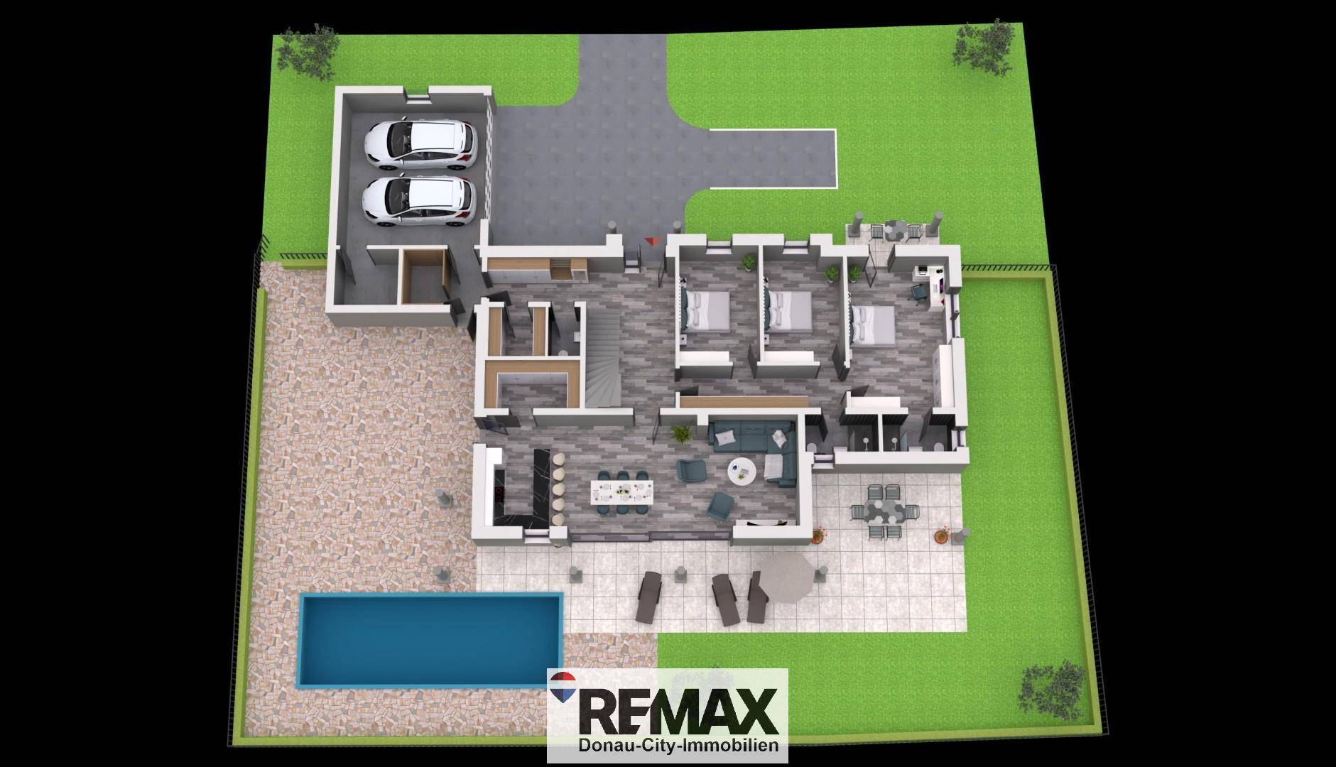 3D-Grundriss des Erdgeschosses mit Wohnbereich, Schlafzimmern, Garage und Pool.
