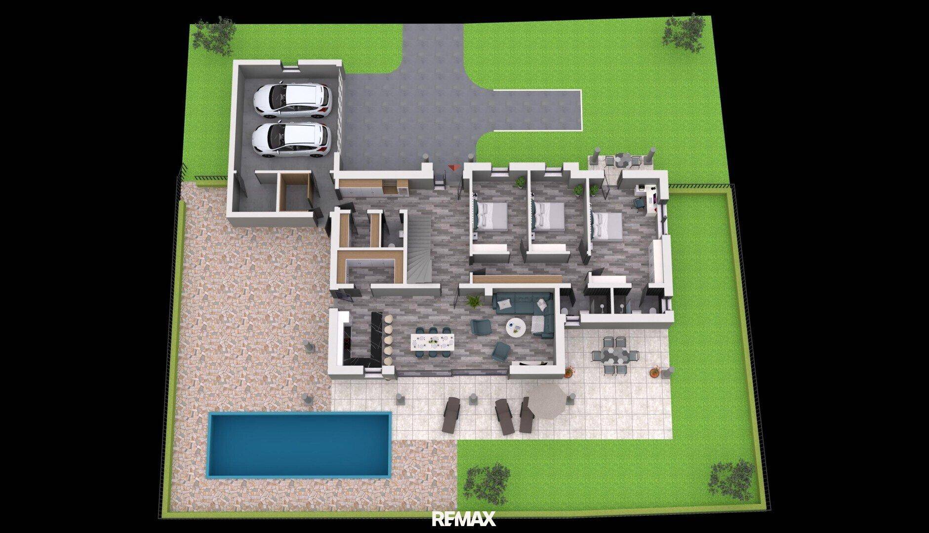 3D-Grundriss-Visualisierung des Erdgeschosses mit Wohnbereichen, Schlafzimmern, Pool und Garage.