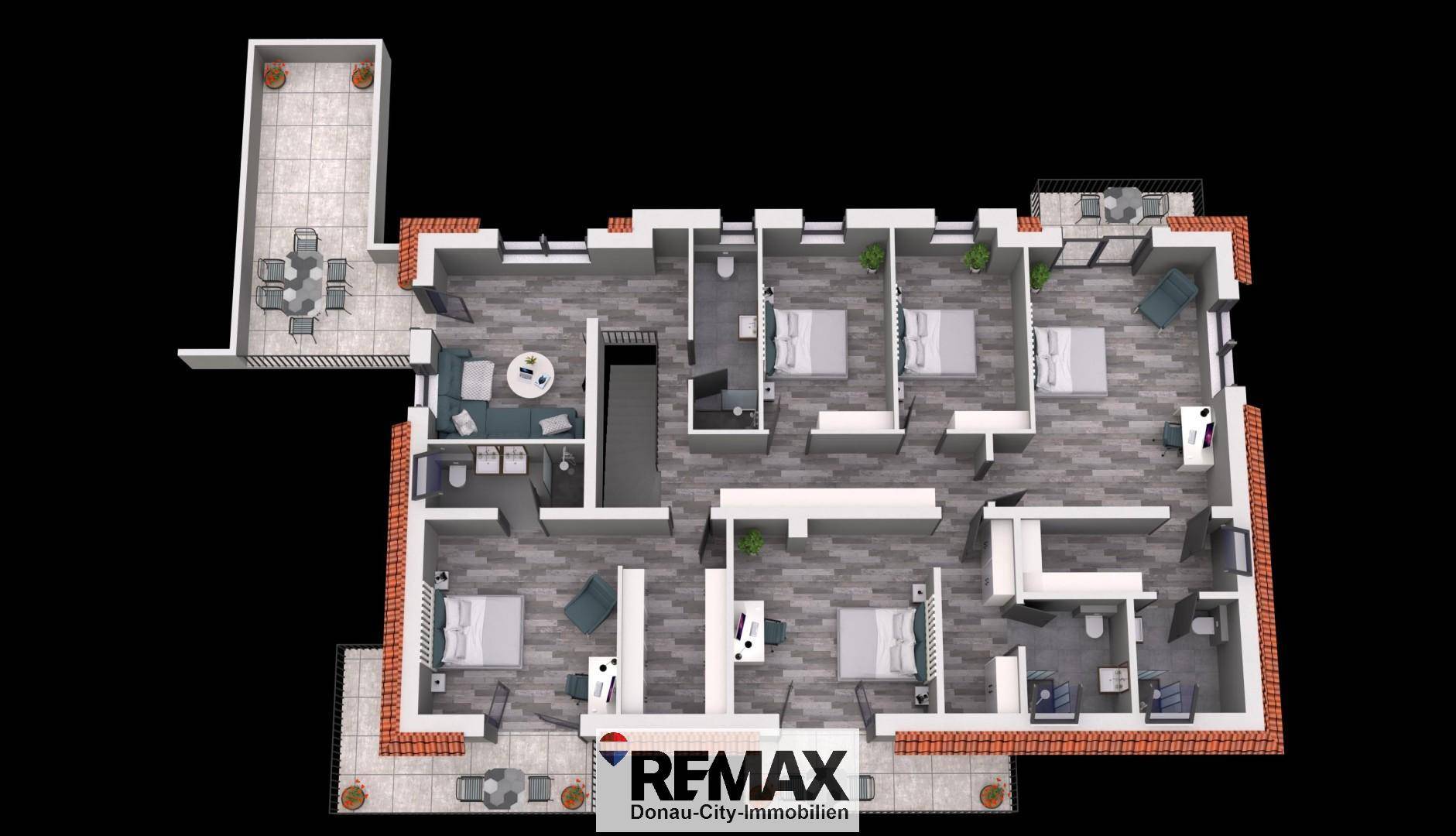 3D-Grundriss des Obergeschosses mit mehreren Schlafzimmern, Bädern und Balkonzugang.