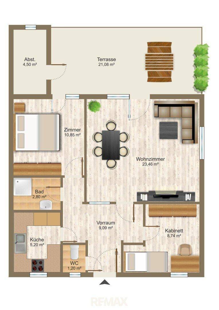Detaillierter Grundriss mit Terrasse, Wohnzimmer, Schlafzimmer, Küche und Bad.