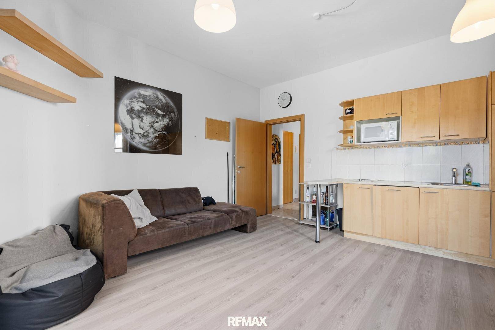 Wohnraum mit integrierter Küchenzeile und Sofa, ideal als Studio oder Gästezimmer.