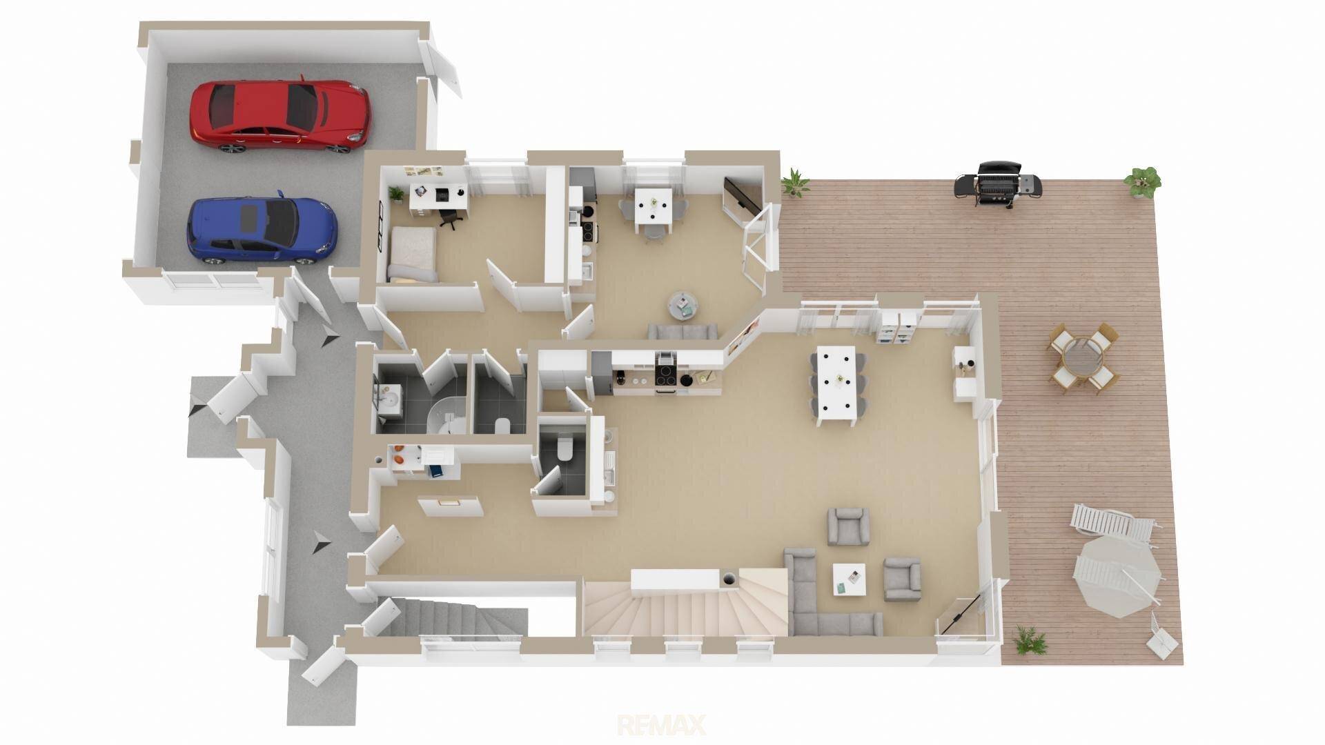 3D-Grundriss des Erdgeschosses mit offenem Wohnbereich, Küche und großer Terrasse.