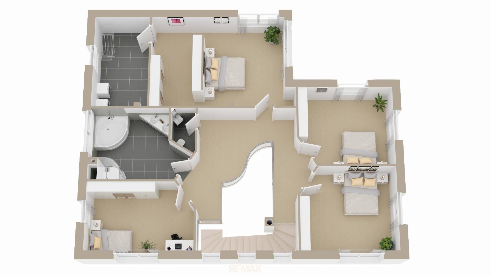 3D-Grundriss des Obergeschosses mit mehreren Schlafzimmern und Bädern.