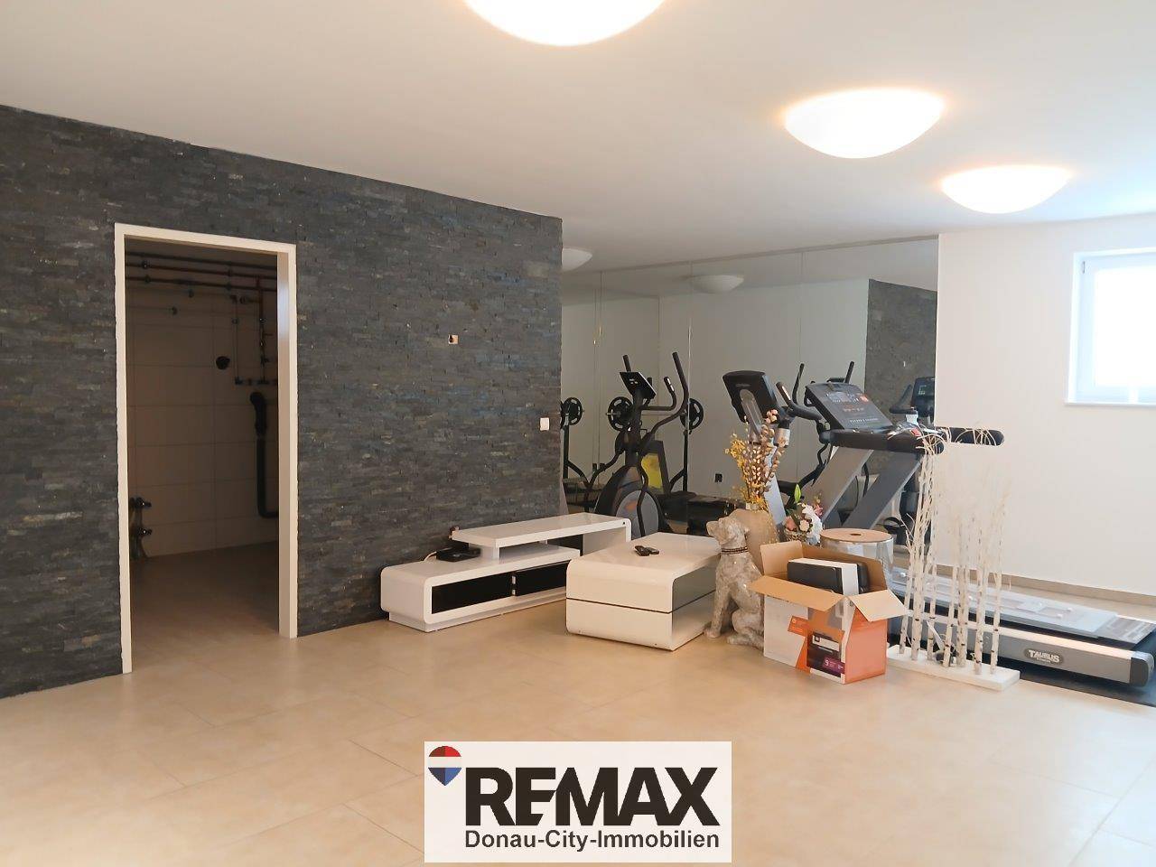 Geräumiger Hobbyraum im Keller mit Sportgeräten und dunkler Akzentwand, ideal für Fitnessaktivitäten.