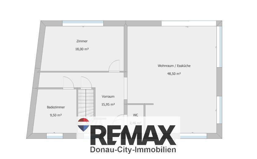 Grundriss des Erdgeschosses mit offenem Wohn-/Essbereich, Küche und Badezimmer, der eine moderne Raumaufteilung zeigt.