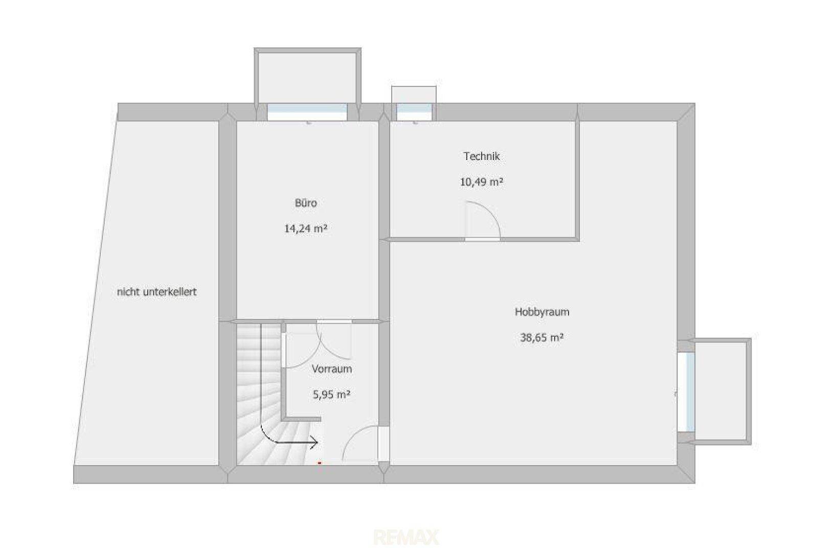 Grundriss des Untergeschosses mit Büro, Hobbyraum und Technikbereich, ideal für Freizeit und Arbeit.