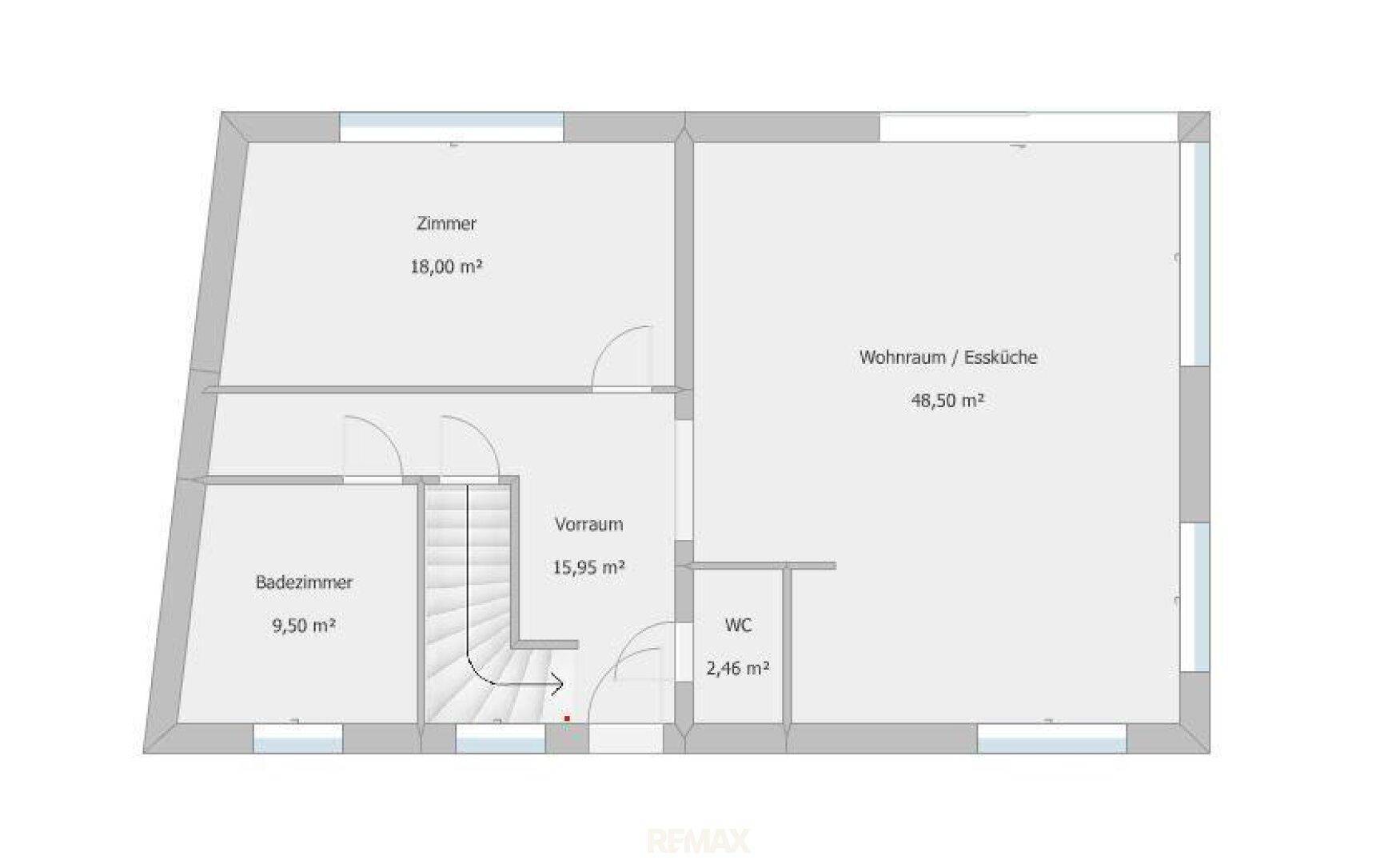 Grundriss des Erdgeschosses mit offenem Wohnraum, Essküche, Bad und separatem WC.