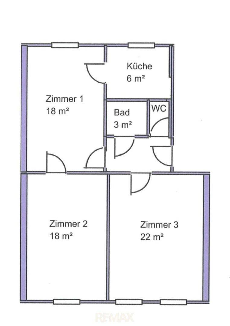 Grundrissplan mit drei Zimmern, Küche, Bad und separatem WC für optimale Raumaufteilung.