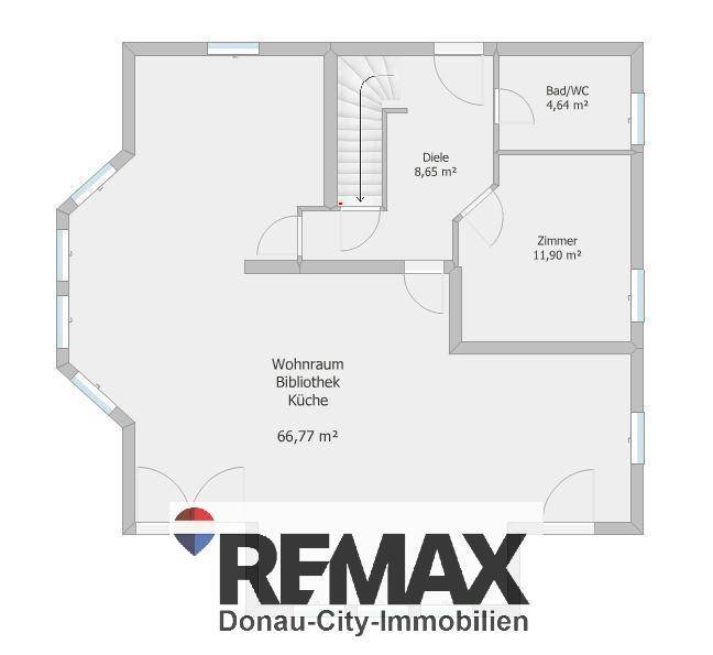 Grundriss mit offenem Wohnbereich, Bibliothek, Küche und einem weiteren Zimmer.