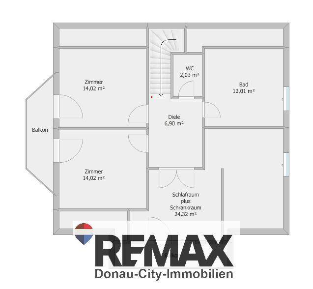 Obergeschoss-Grundriss mit zwei Schlafzimmern, Balkon, Bad und separatem WC.