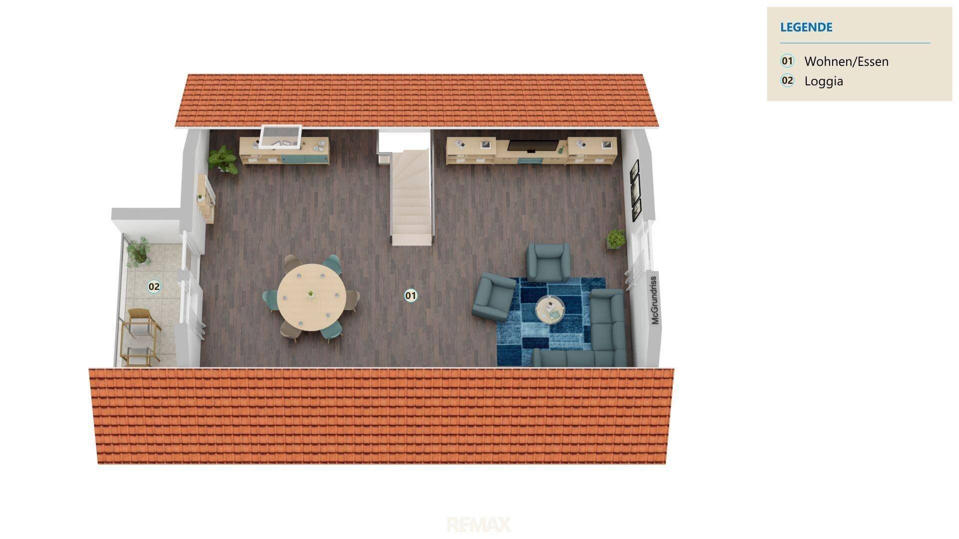 Grundriss des Obergeschosses mit offenem Wohn-/Essbereich und Zugang zur Loggia.