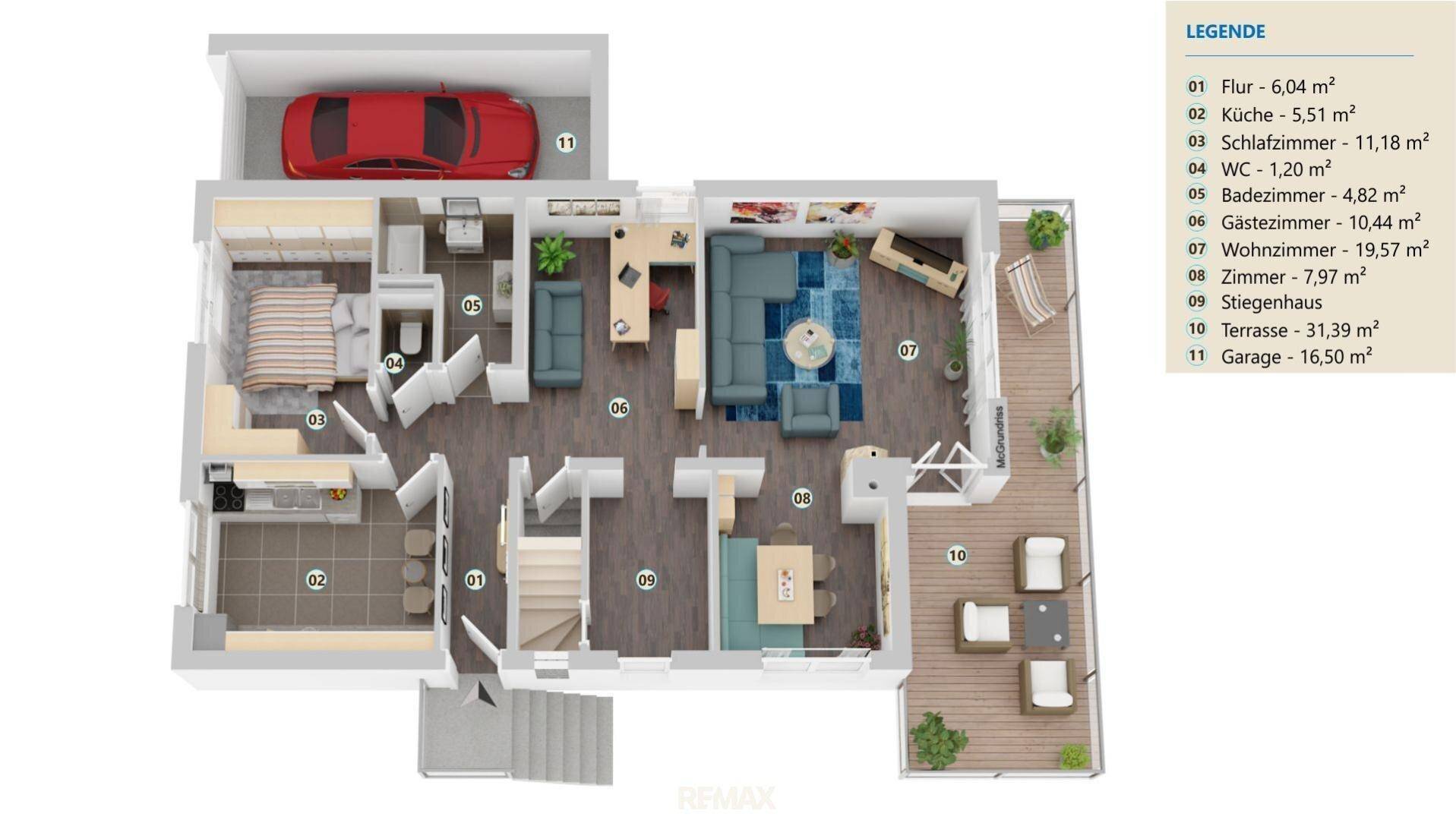 Detaillierter Grundriss des Erdgeschosses mit Wohnbereich, Küche, Schlafzimmer und Garage.
