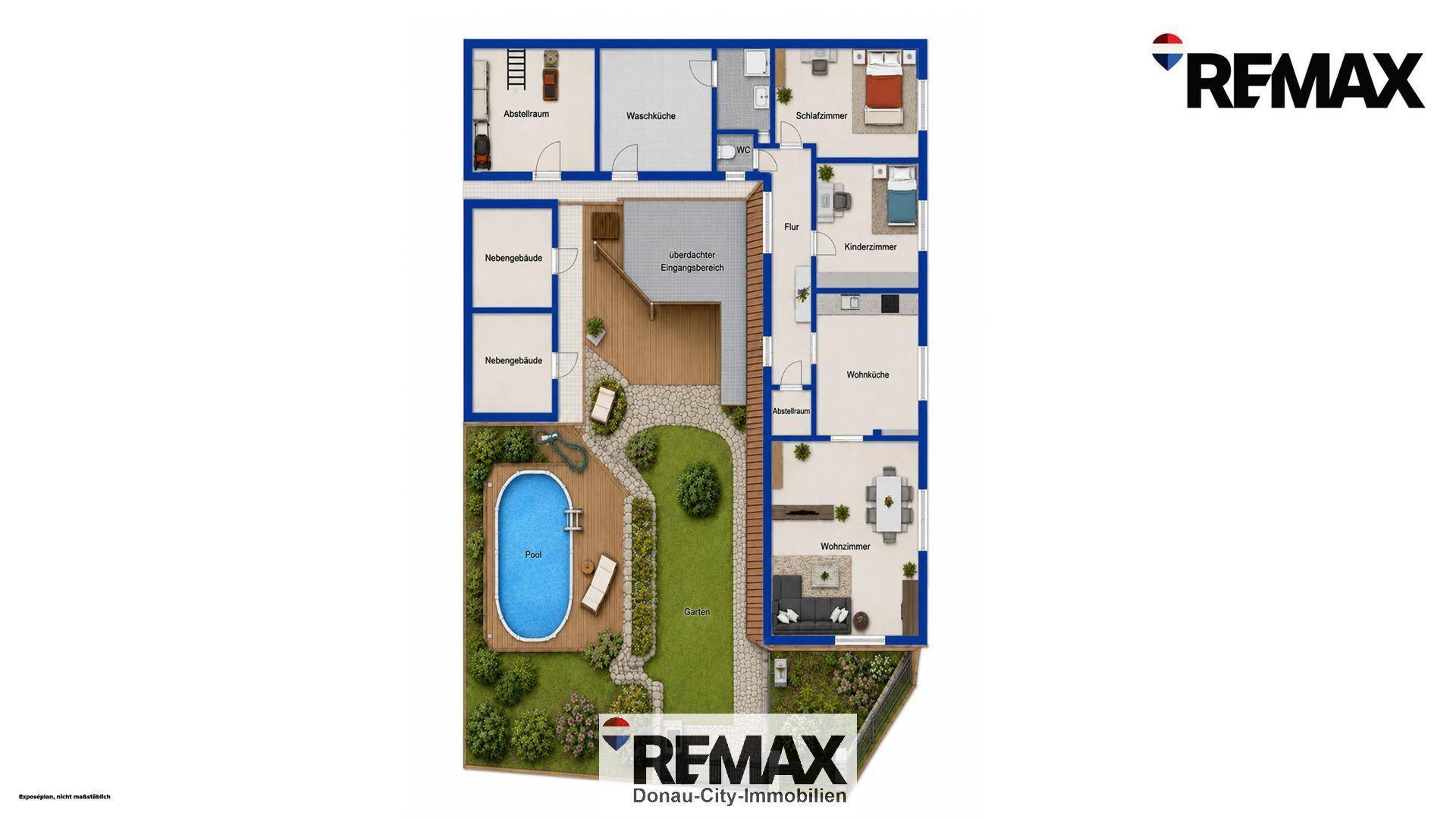 Detaillierter Grundriss eines Hauses mit mehreren Schlafzimmern, offener Wohnküche, Garten und Pool.