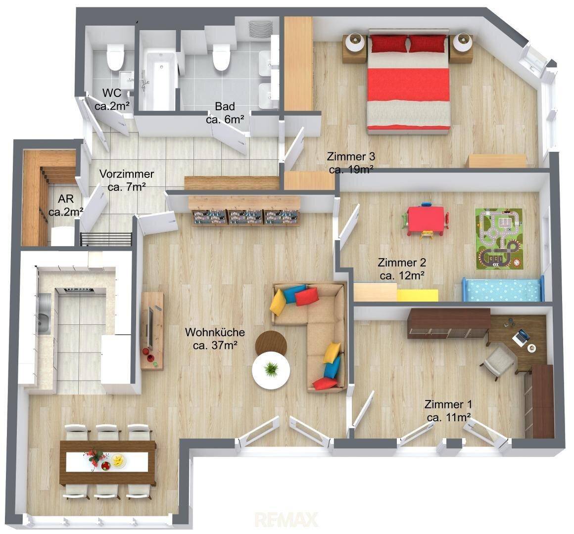 Detaillierter Grundriss einer Wohnung mit Wohnküche, drei Zimmern, Bad und separatem WC.
