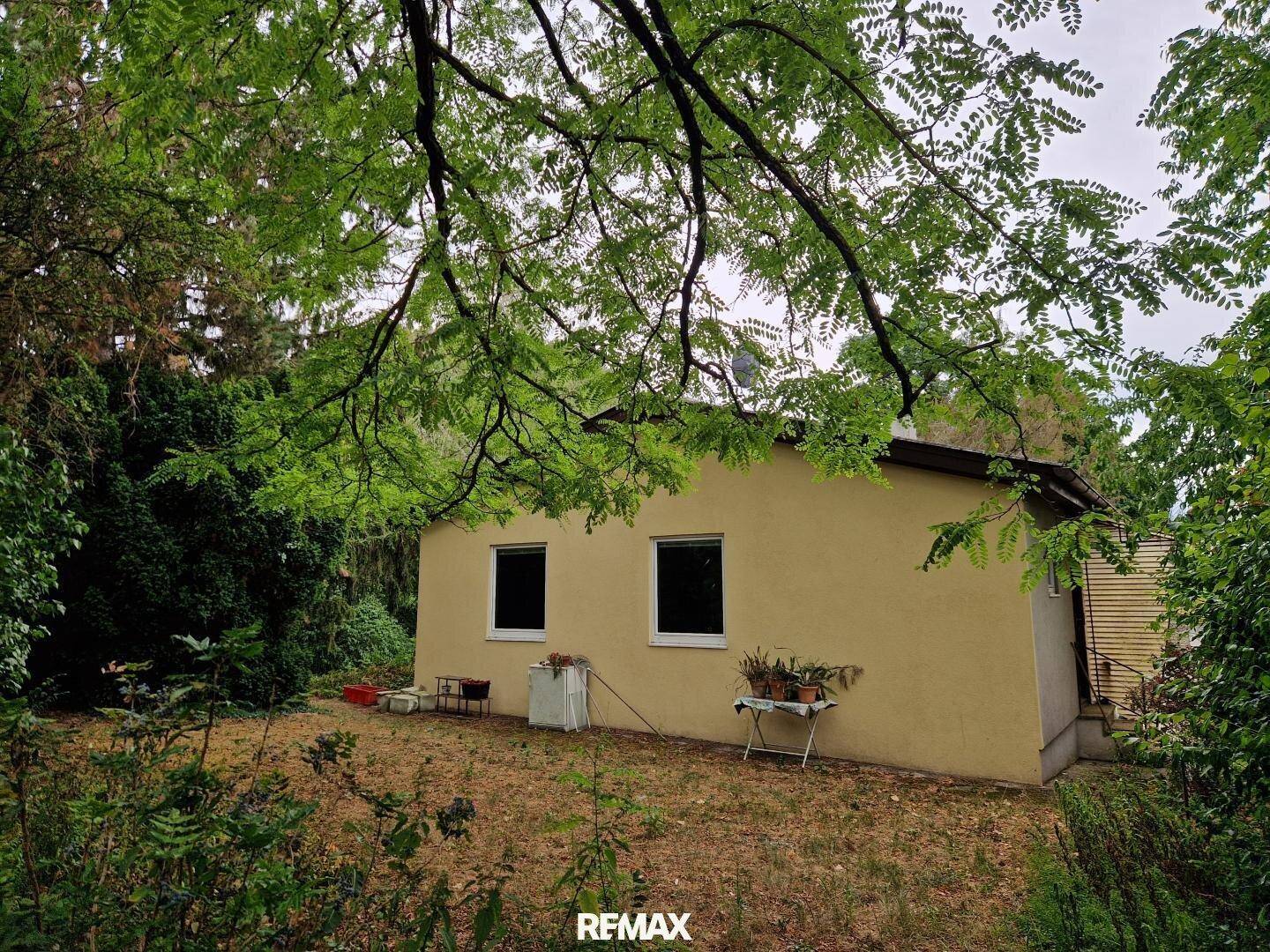 Rückansicht des Hauses mit großem Garten und vielen Bäumen.