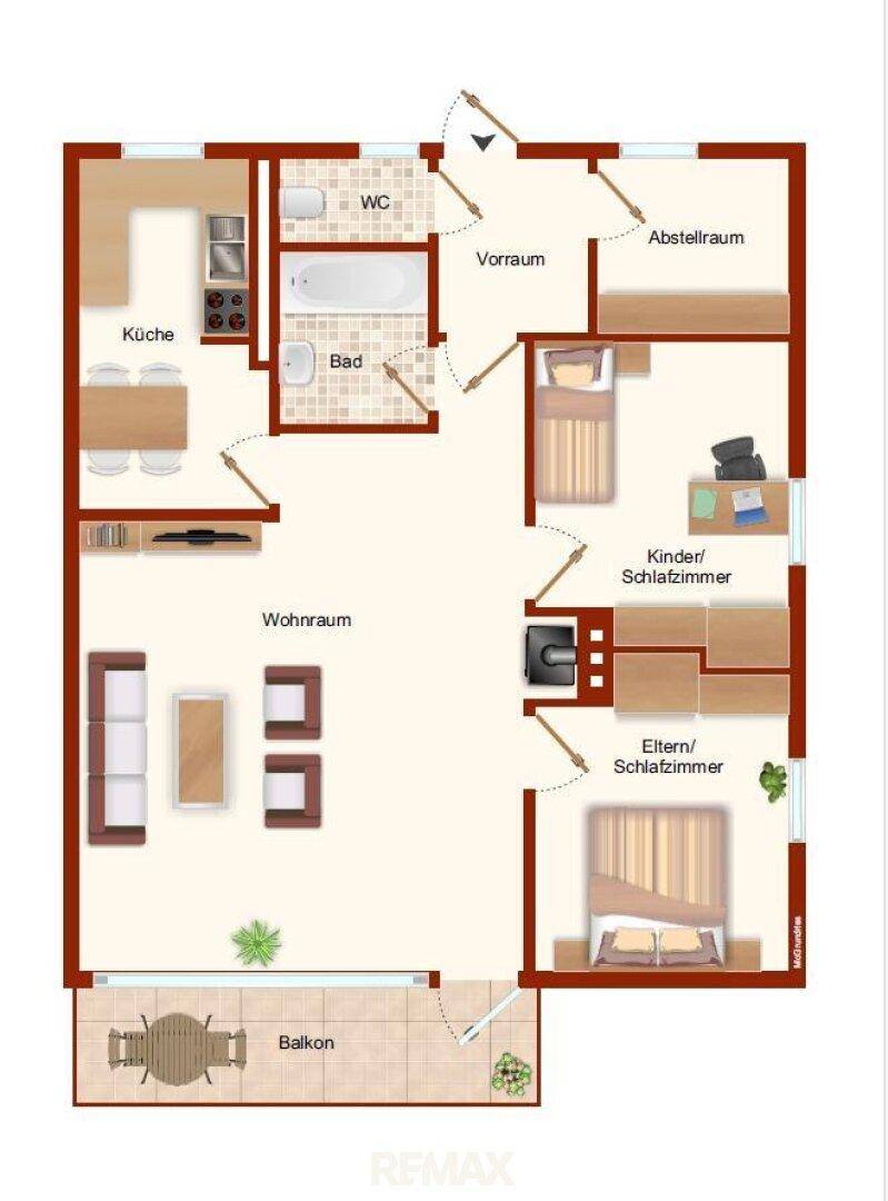 Detaillierter Grundriss der Wohnung mit Wohnraum, Küche, Schlafzimmern und Balkon.