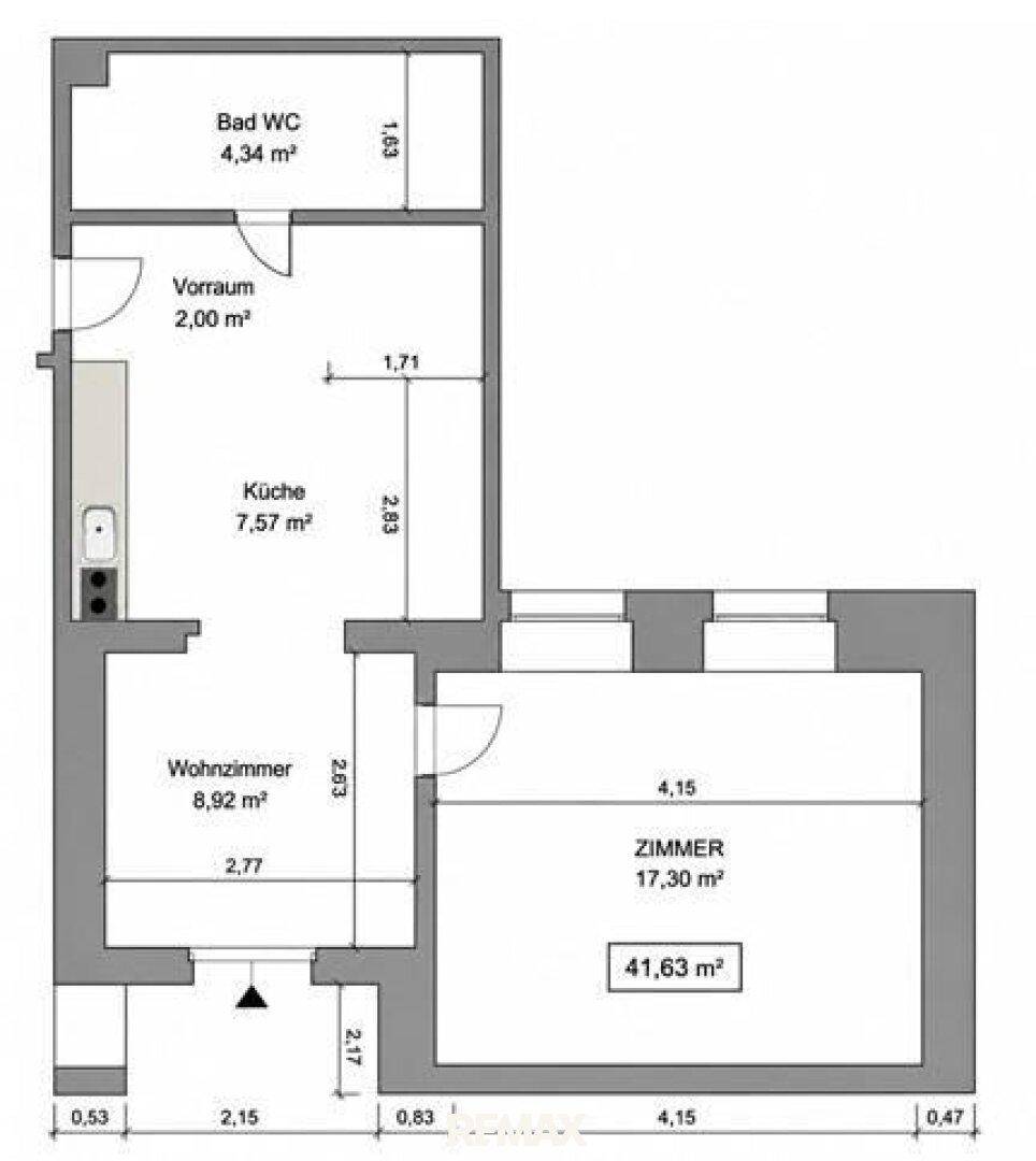 Grundriss der Wohnung mit Wohnzimmer, Küche, Bad und einem weiteren Zimmer.
