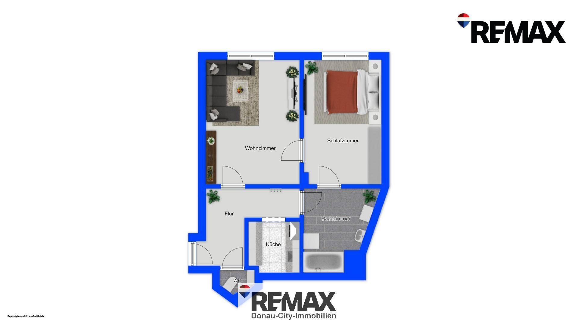 Detaillierter Grundriss einer Wohnung mit separater Küche, Schlafzimmer und Bad.