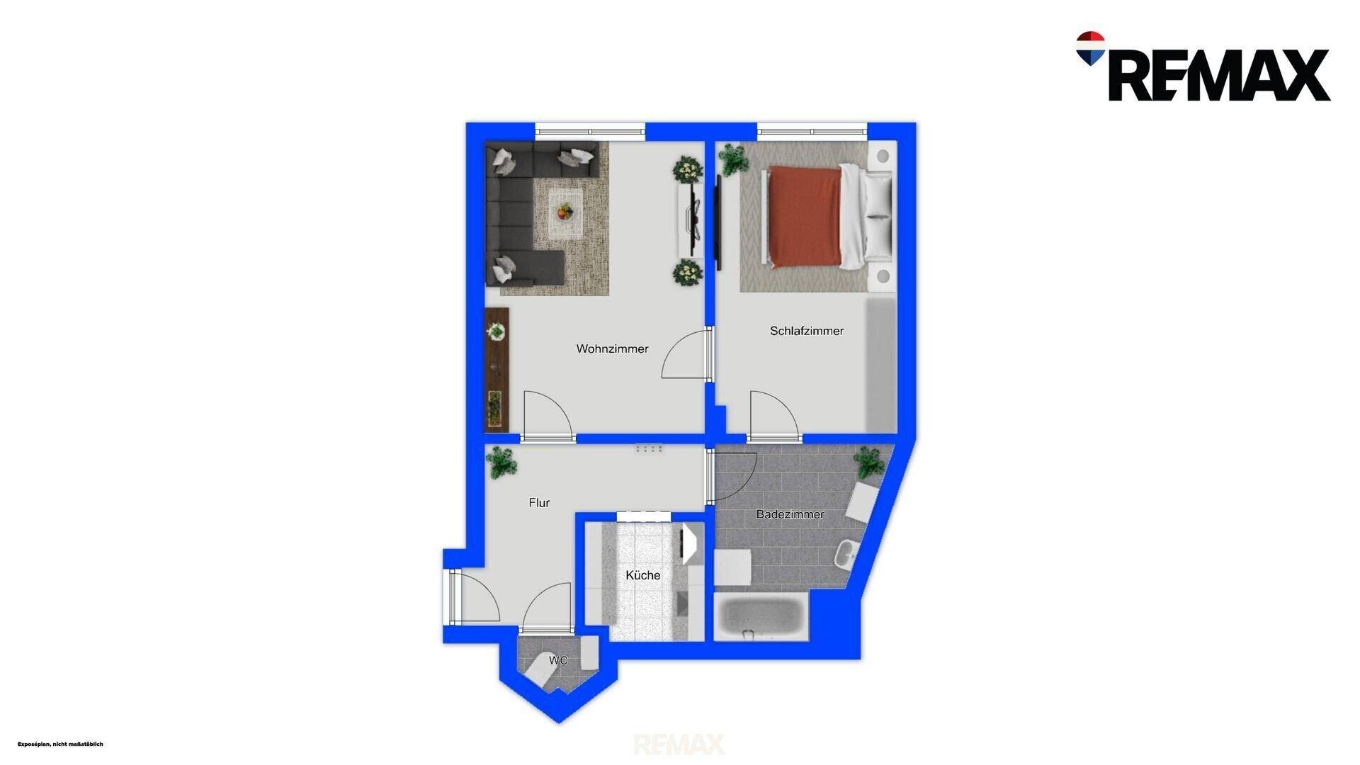 Grundriss einer Wohnung mit Wohnzimmer, Schlafzimmer, Küche und Bad.