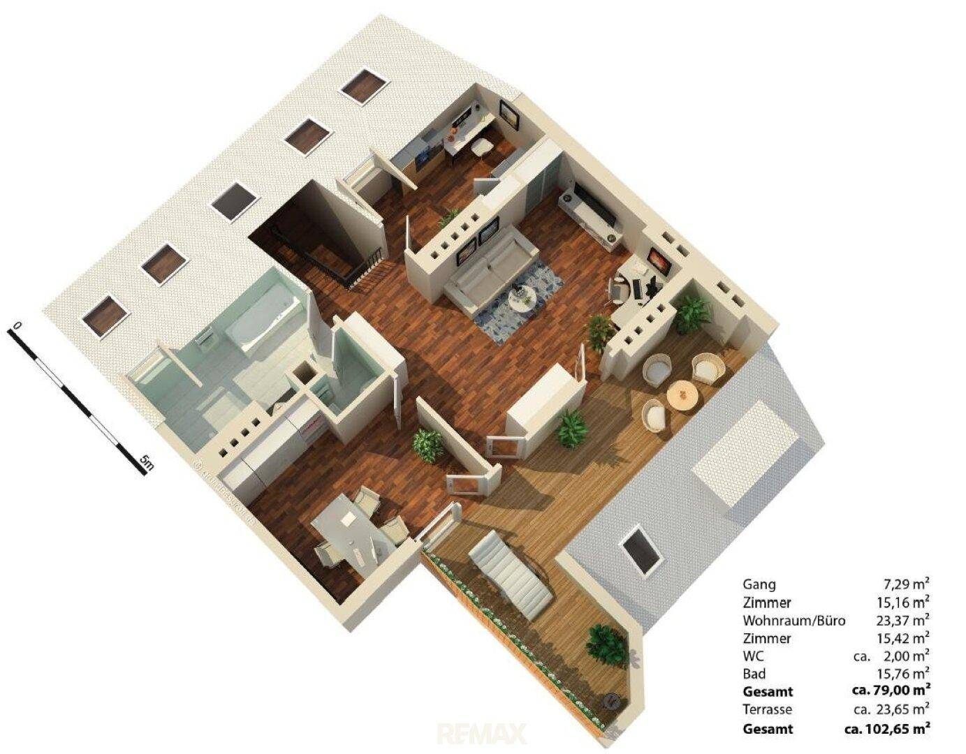 Detaillierter 3D-Grundriss einer Wohnung mit Terrasse und verschiedenen Wohnbereichen.