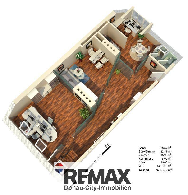 3D-Grundriss einer Wohnung mit Büro, Wohnbereich und Küche.