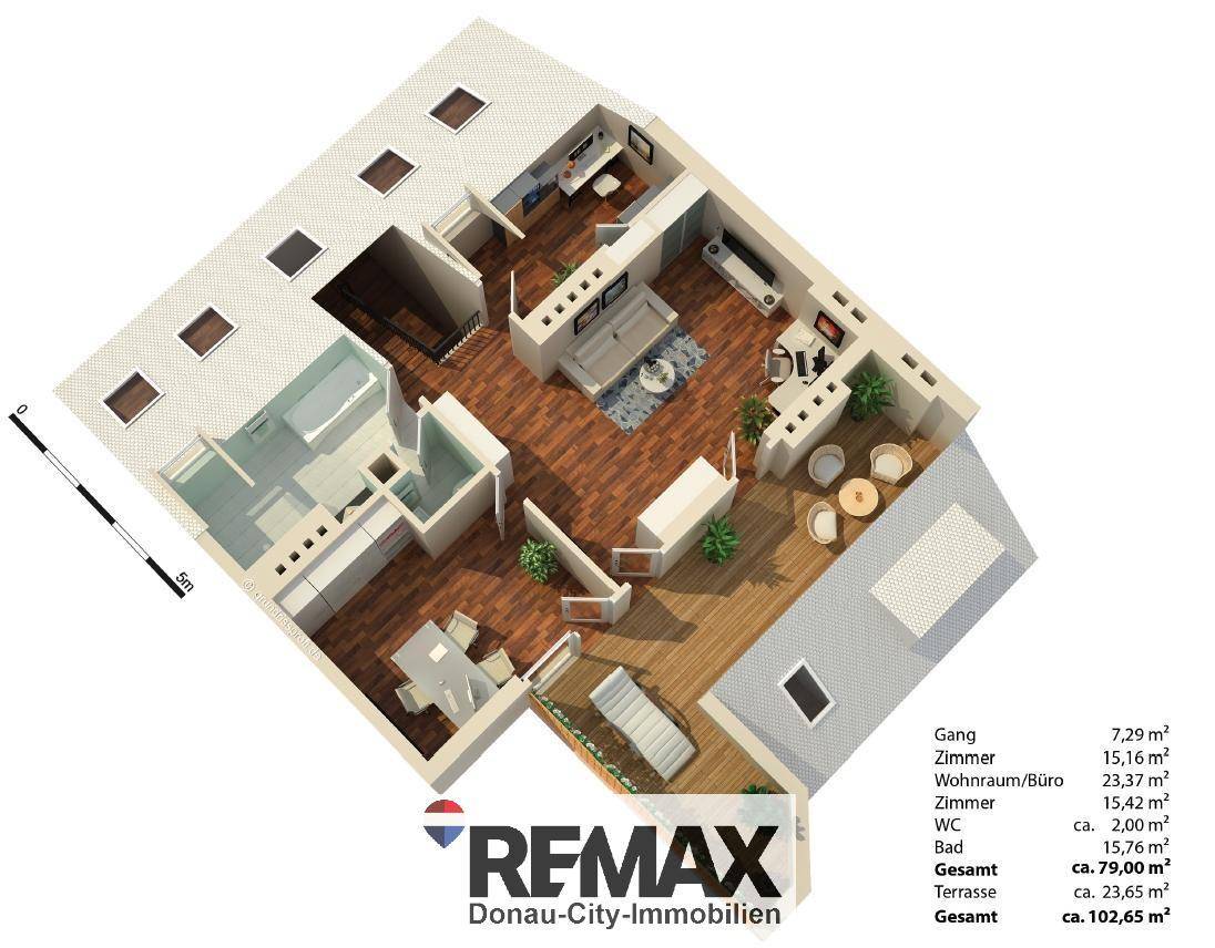 Anschaulicher 3D-Grundriss einer Wohnung mit Terrasse und verschiedenen Wohnbereichen.