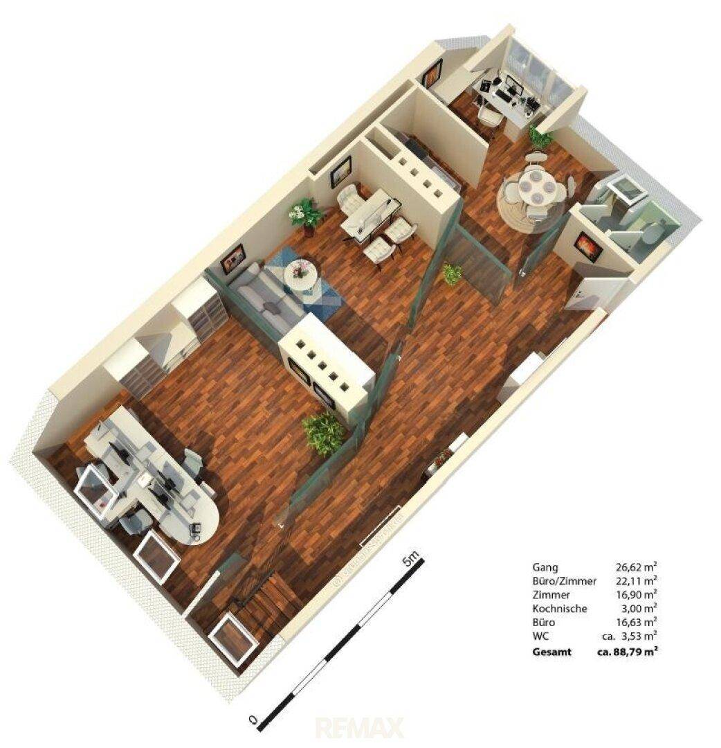 3D-Grundriss einer Wohnung mit mehreren Zimmern und detaillierten Flächenangaben.