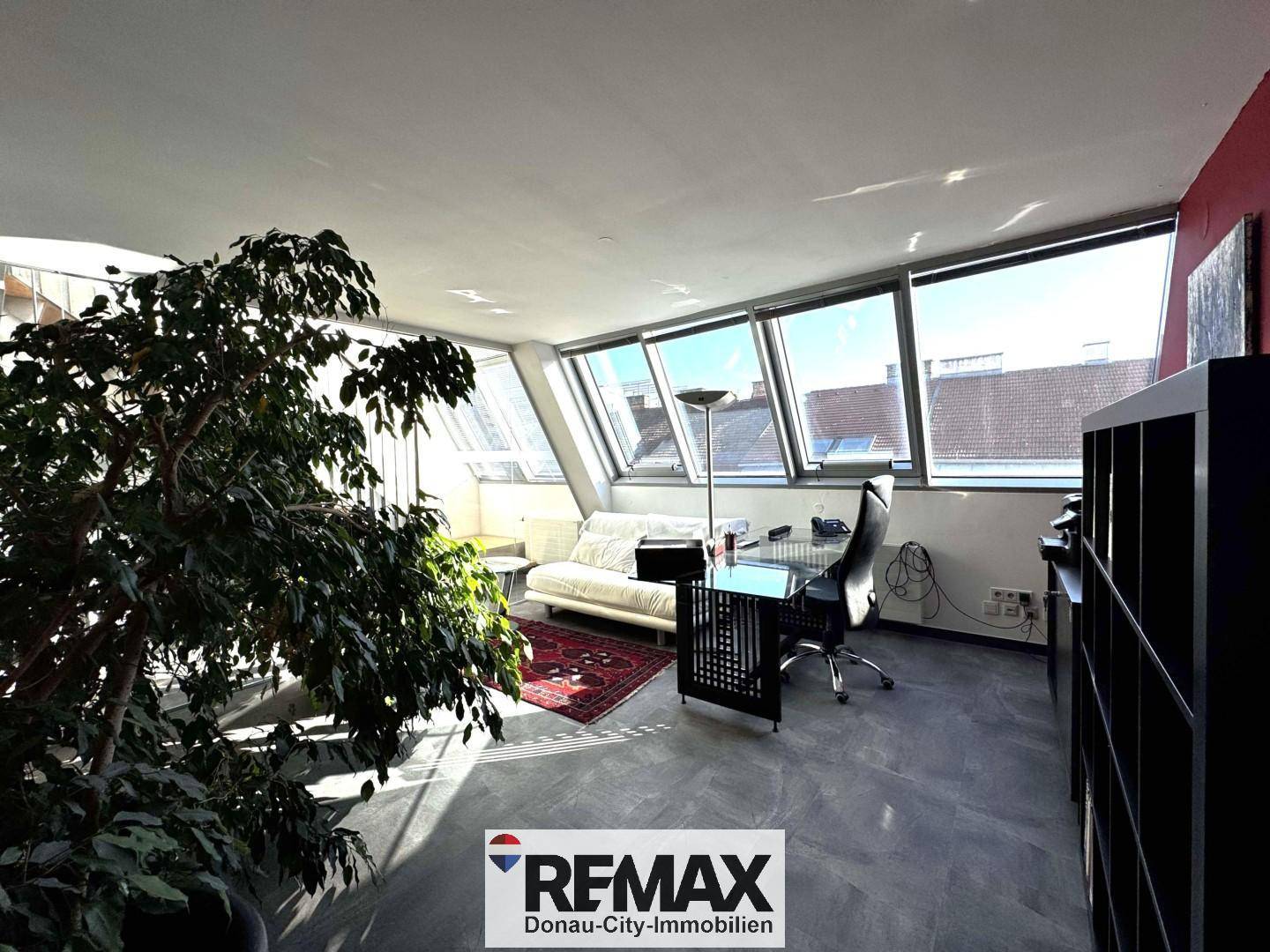 Geräumiges Büro mit großer Pflanze, Arbeitsbereich und schrägen Fenstern, die viel Licht hereinlassen.