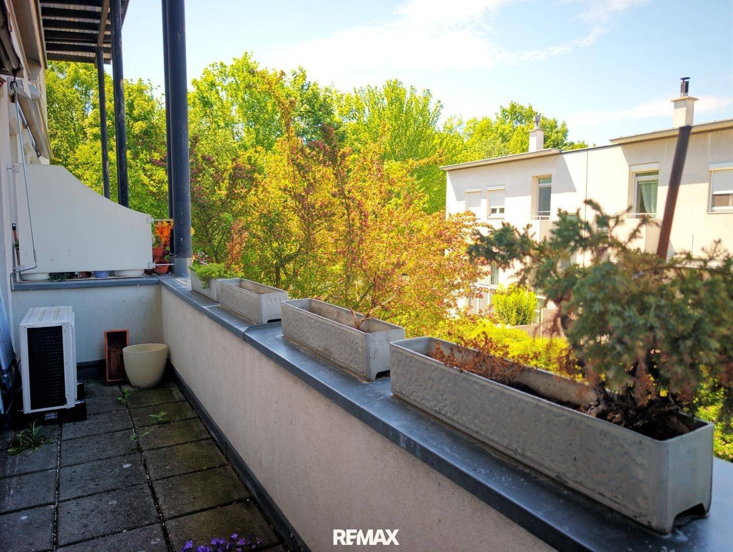 Sonniger Balkon mit Pflanzenkübeln und Blick ins Grüne, ideal für entspannte Stunden im Freien.