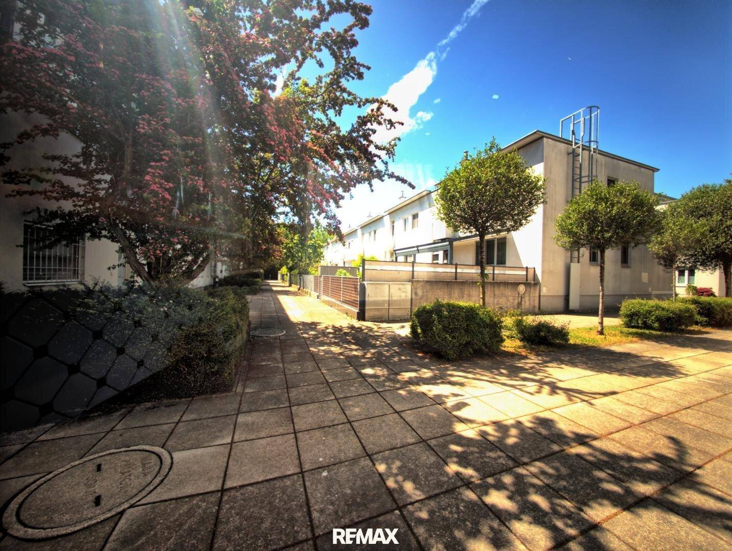Ruhige Wohnstraße mit Bäumen und gepflegten Gebäuden unter blauem Himmel.