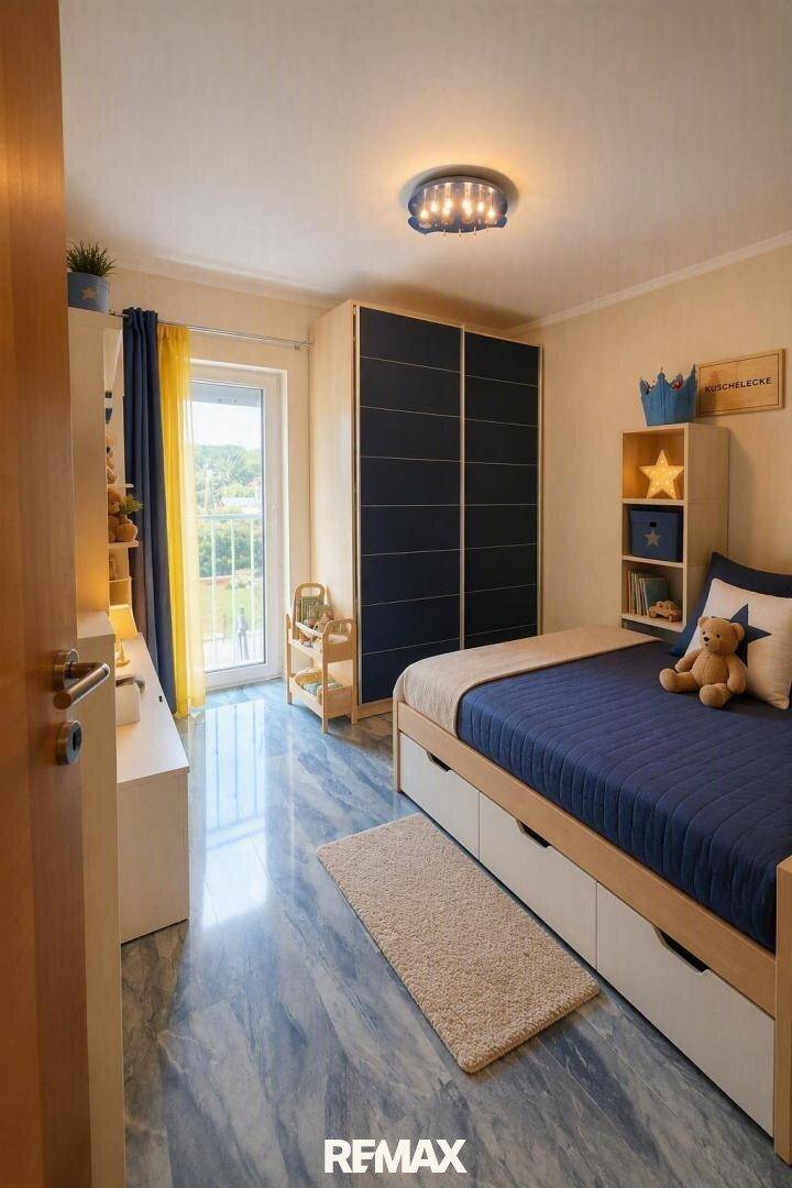 Kinderzimmer mit Bett, Kleiderschrank und farbenfroher Dekoration sowie Balkonzugang.