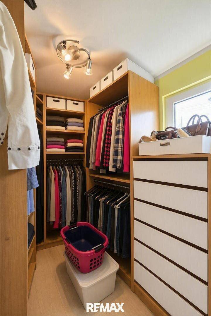 Begehbarer Kleiderschrank mit viel Stauraum, Regalen und Schubladen.