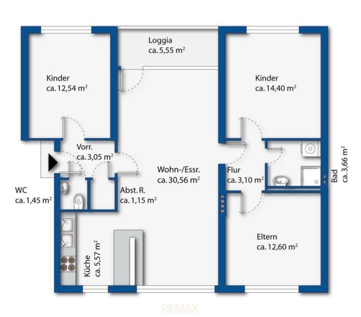 Detaillierter Grundriss der Wohnung mit Loggia, drei Schlafzimmern und separatem WC.