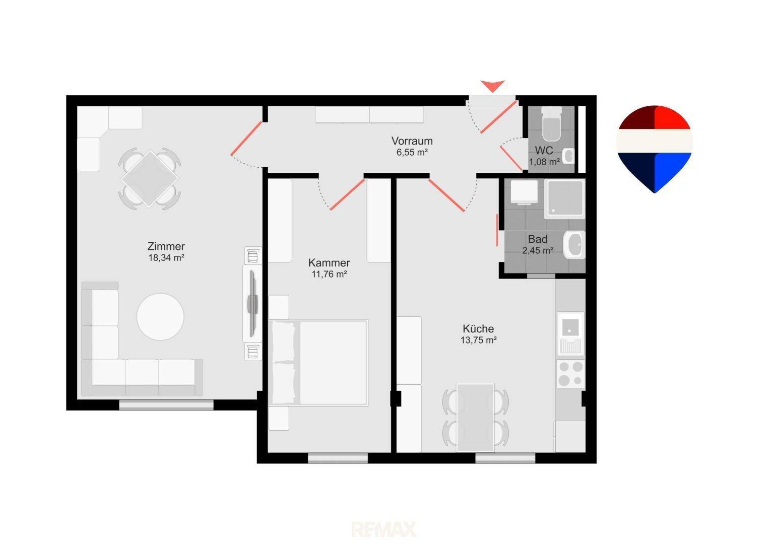 Grundriss einer Wohnung mit Wohnzimmer, Schlafzimmer, Küche, Bad und WC.