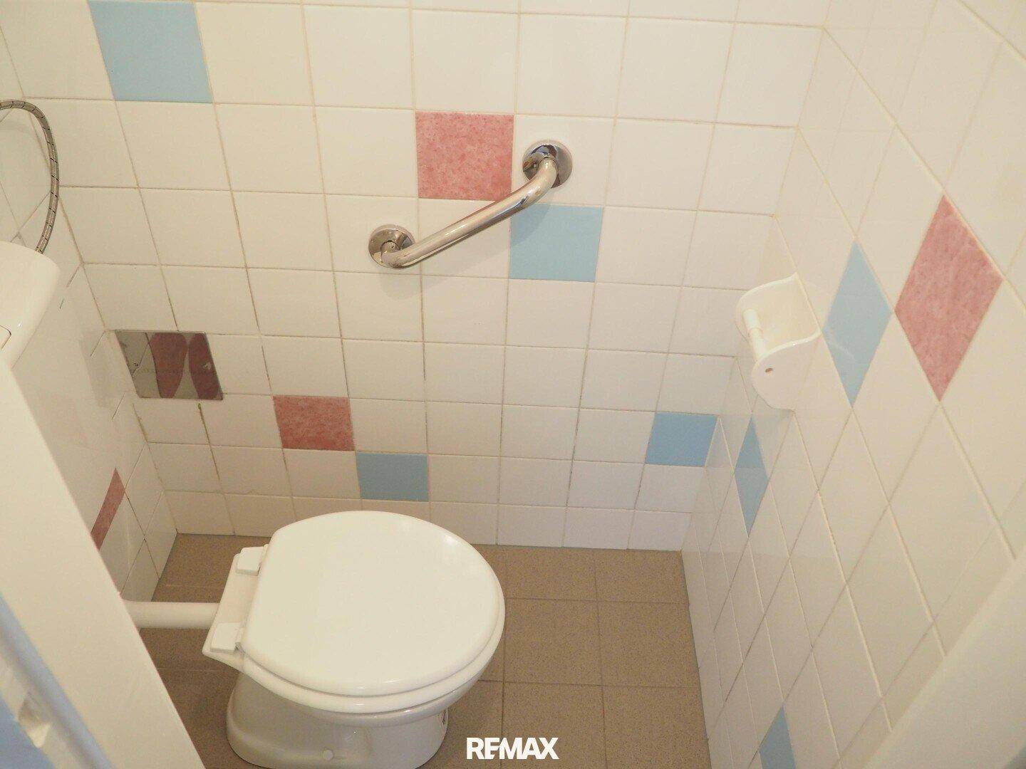 Separate Toilette mit bunten Fliesen und Haltegriff, praktisch und funktional.