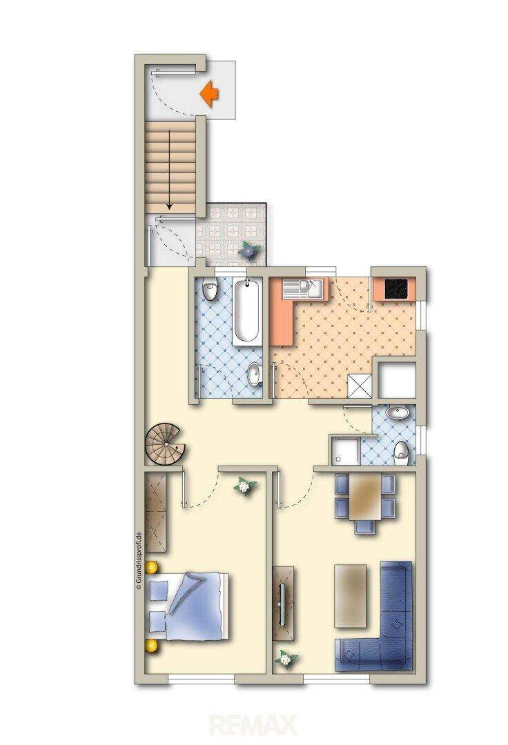 Grundriss der Hauptebene mit Schlafzimmer, Wohnbereich, Küche und mehreren Bädern.