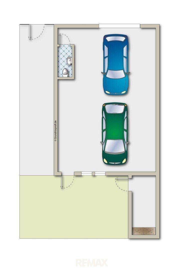 Grundriss des Garagenbereichs mit Platz für zwei Fahrzeuge und einem separaten WC.