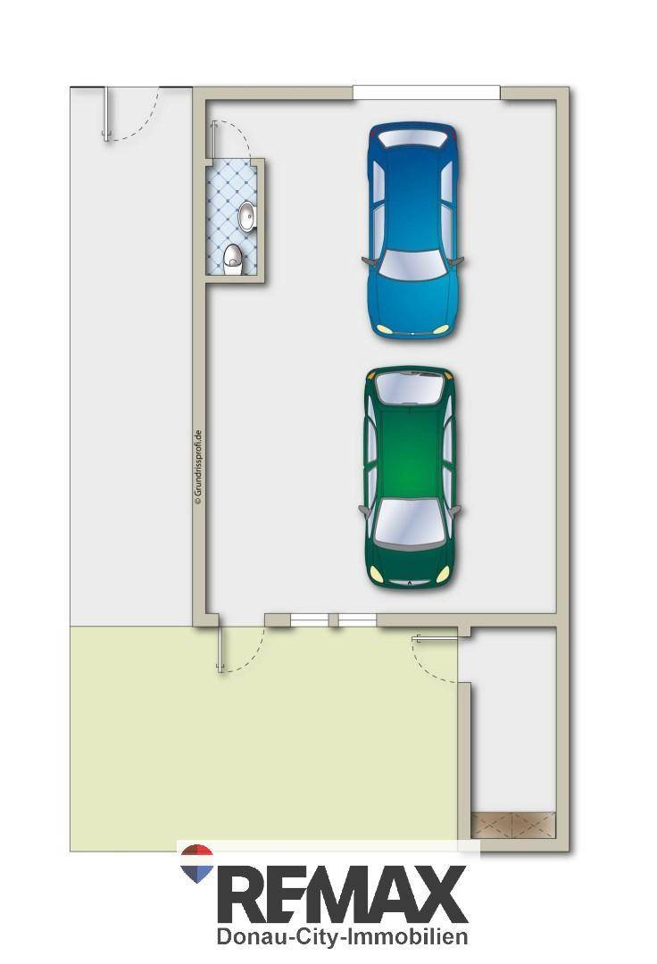 Grundriss des Garagengeschosses mit Platz für zwei Fahrzeuge und einem WC.