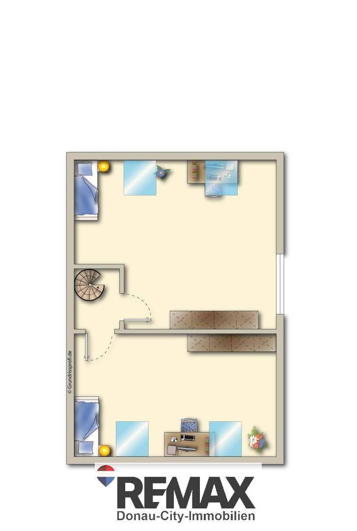 Grundriss des Obergeschosses mit zwei Schlafzimmern und Wendeltreppe.