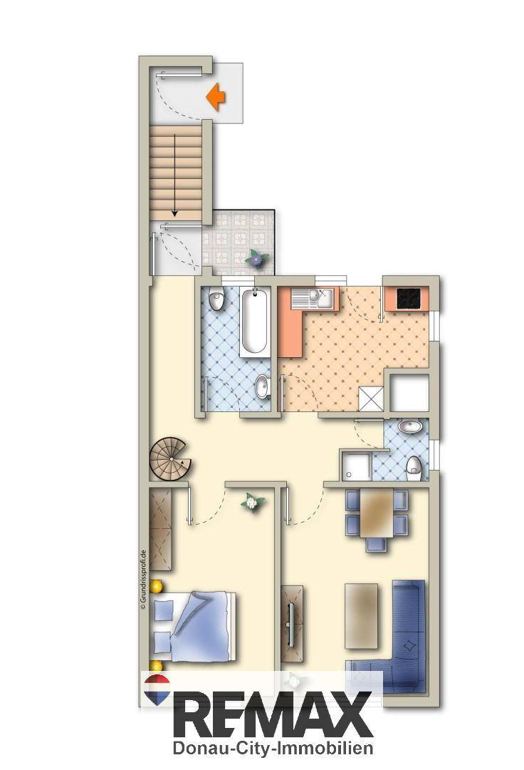 Grundriss des Hauptwohngeschosses mit Schlafzimmer, Bad, Küche und Wohnbereich.