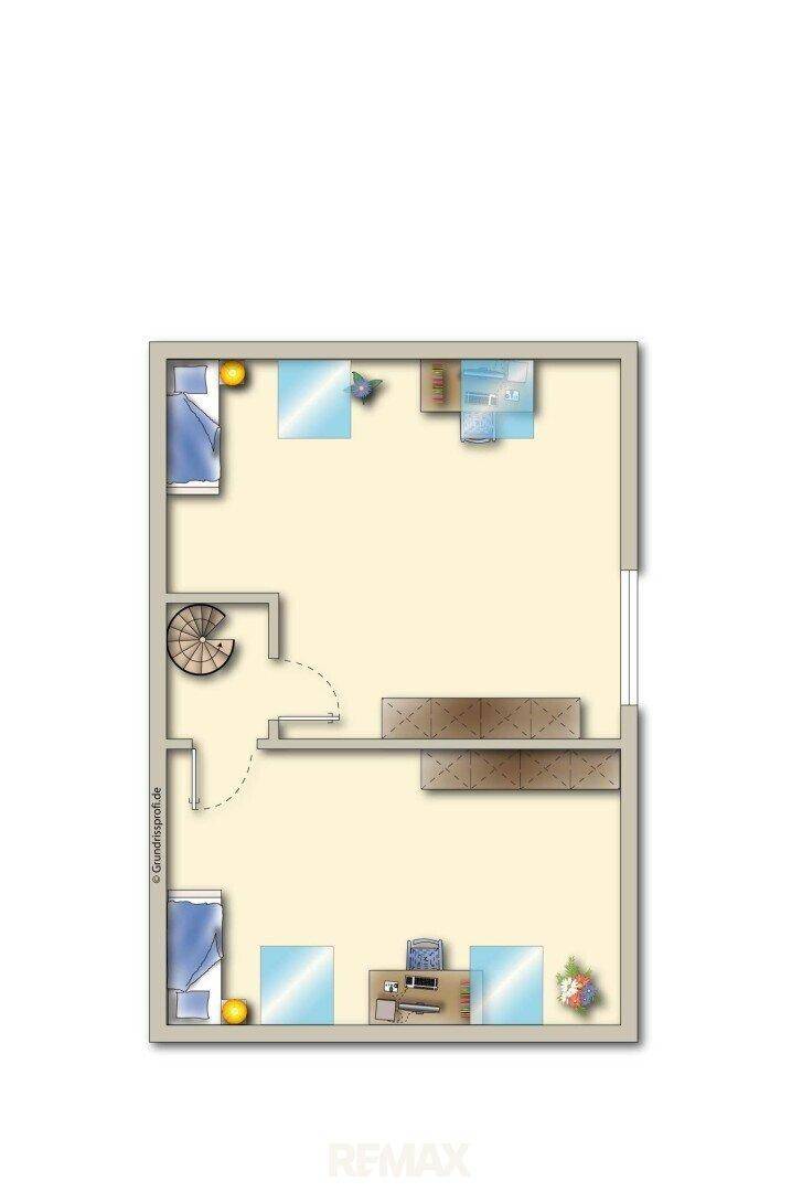 Grundriss des Obergeschosses mit zwei Schlafzimmern und einer Wendeltreppe.