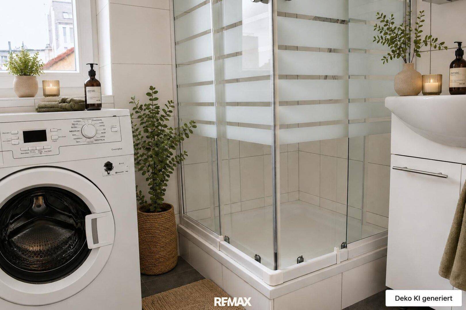 Modernes Badezimmer mit Duschkabine, Waschbecken und integrierter Waschmaschine.