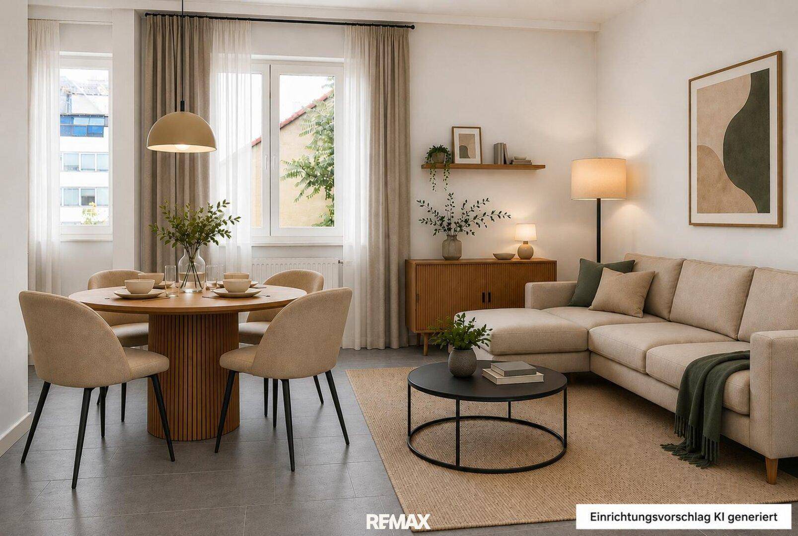 Virtuell inszenierter Wohn- und Essbereich mit bequemer Couch und modernem Esstisch.