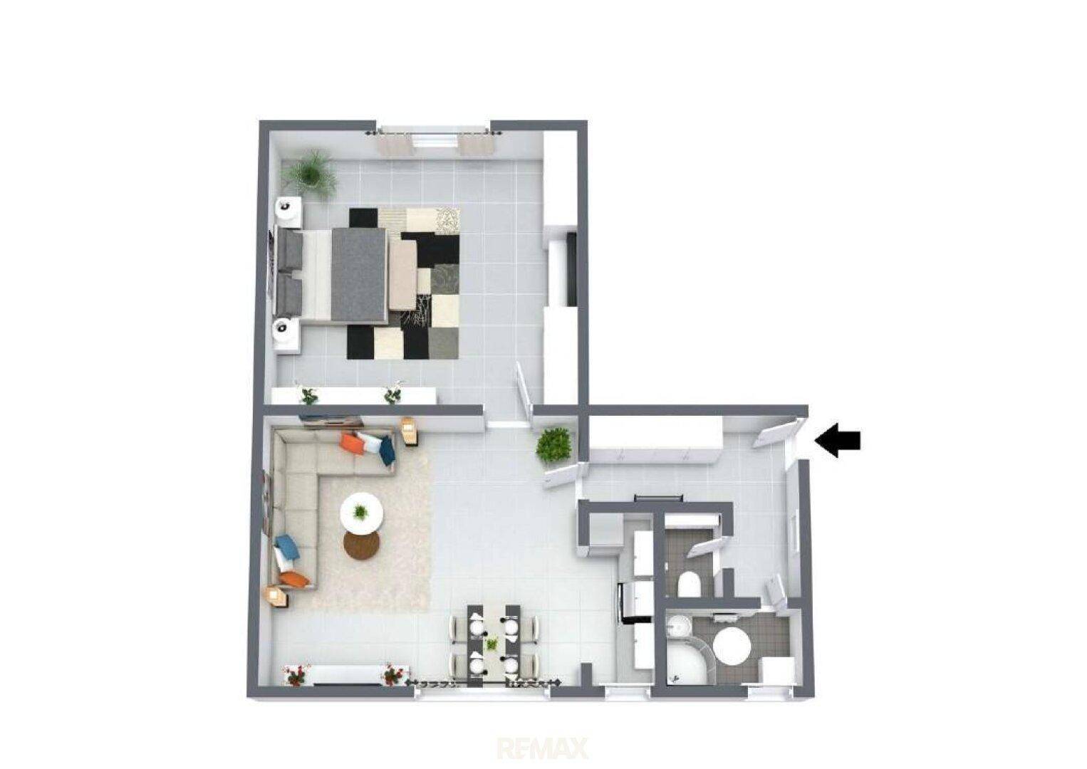 Virtuell möblierter Grundriss einer Wohnung mit Schlafzimmer, Wohnbereich und Küche.