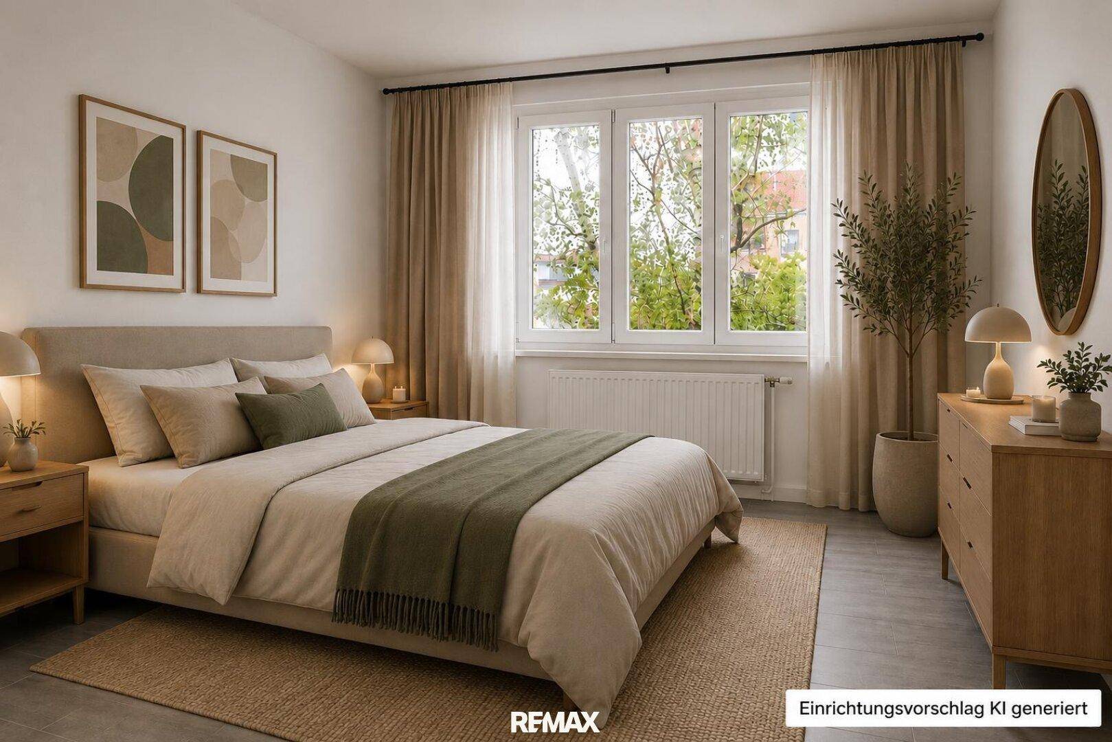 Virtuell eingerichtetes Schlafzimmer mit Doppelbett, Nachttischen und großem Fenster.