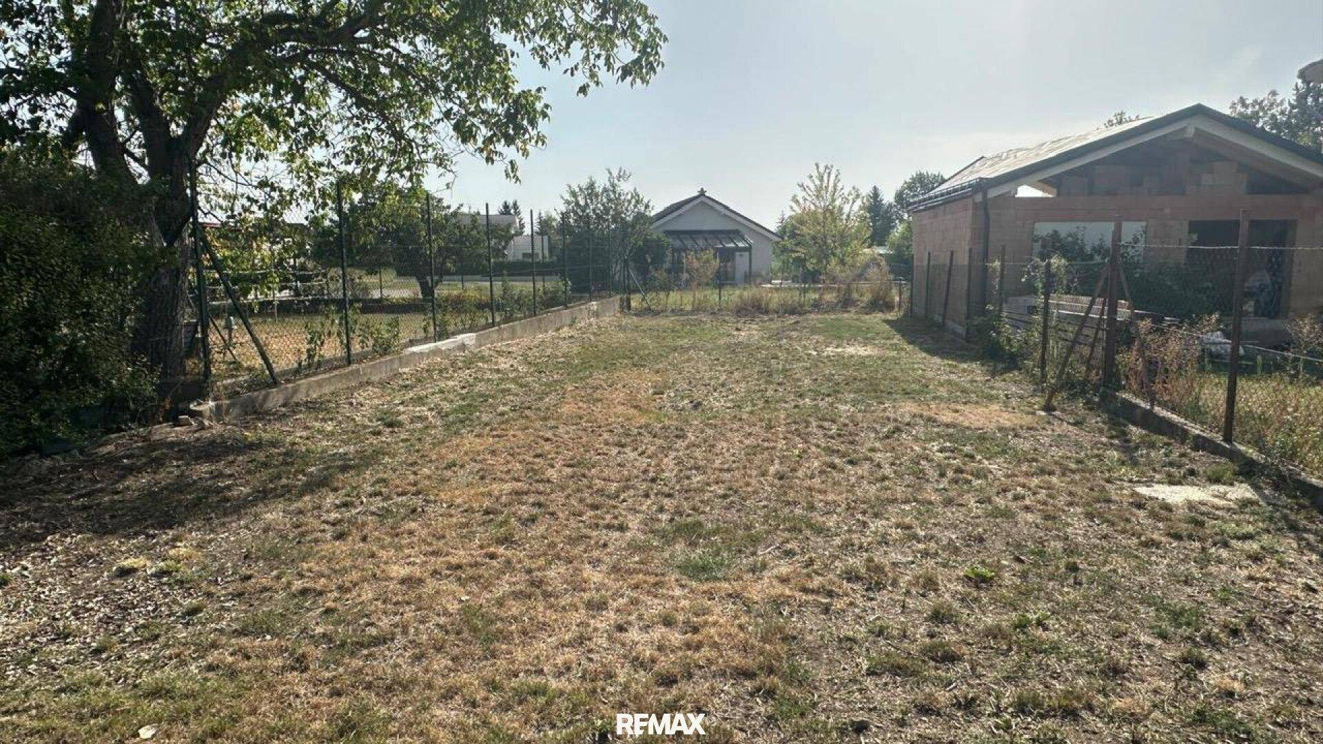 Großer, sonniger Gartenbereich mit Rasenfläche und Zaun, umgeben von Bäumen.
