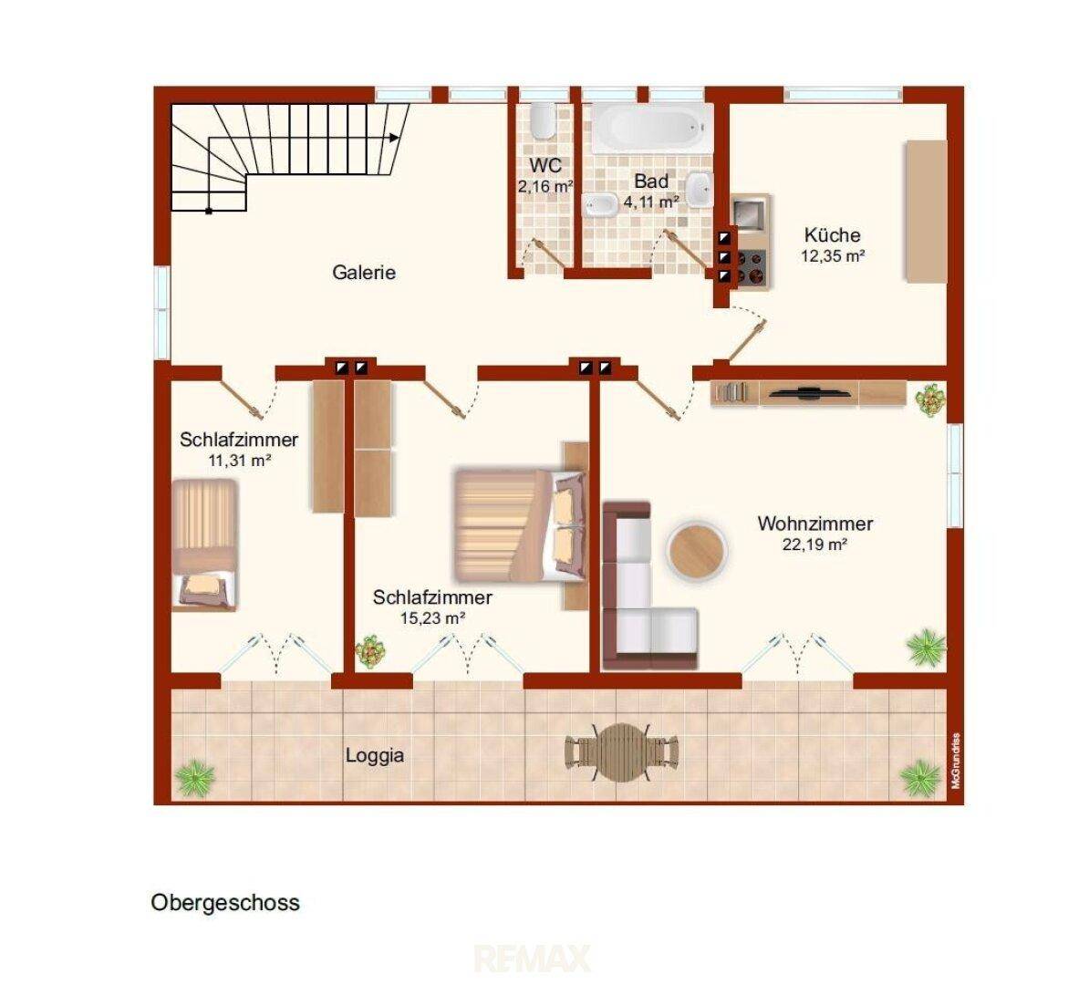 Grundriss des Obergeschosses mit Schlafzimmern, Wohnzimmer, Küche und Loggia.
