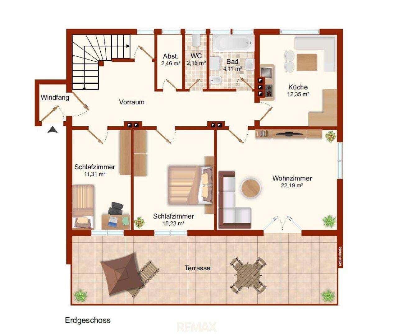 Grundriss des Erdgeschosses mit Wohnzimmer, Schlafzimmern, Küche und Terrasse.